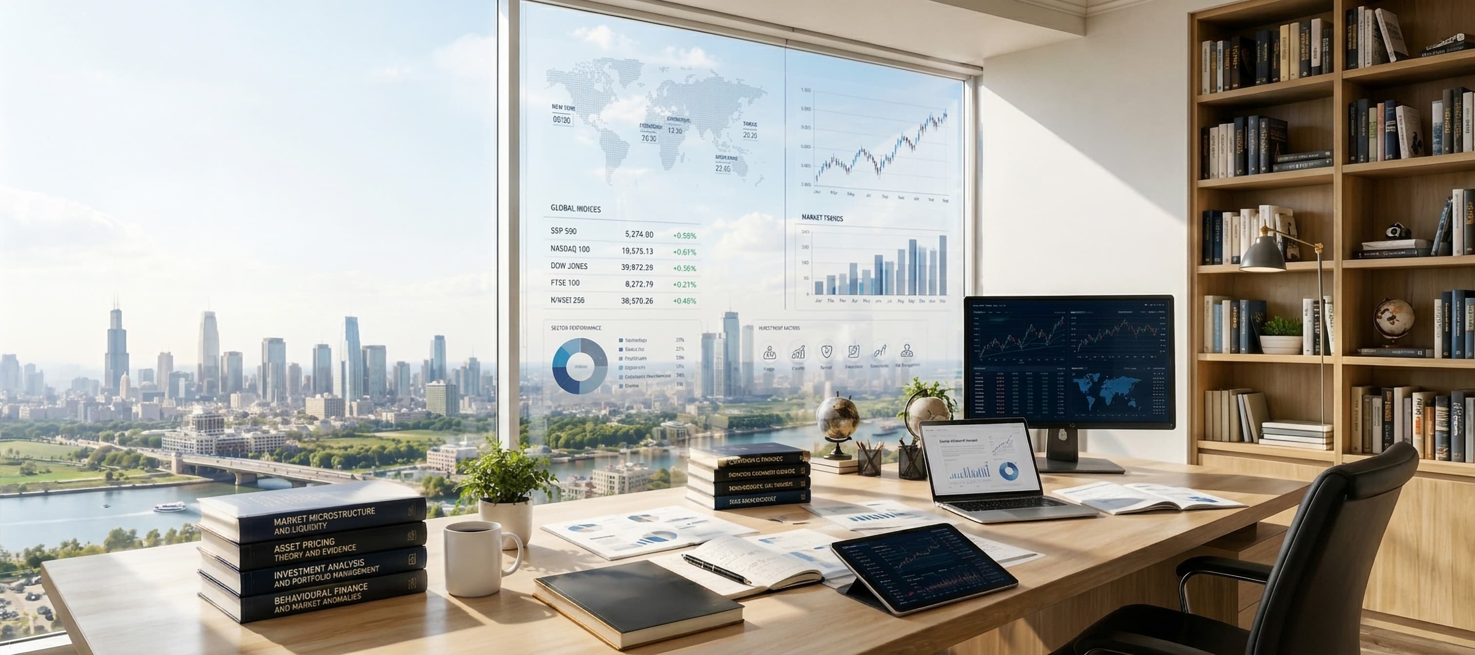Financial analysis workspace with market data dashboards